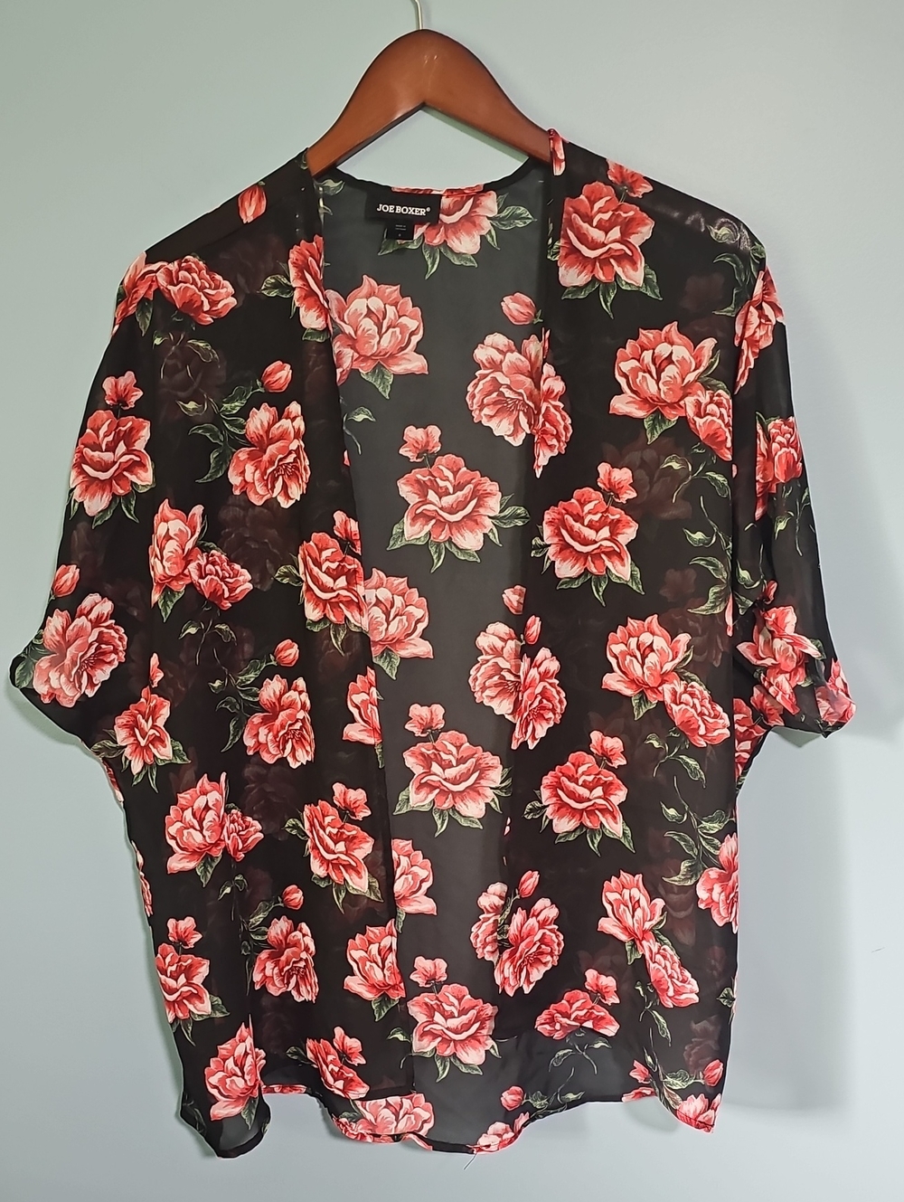 Joe Boxer Black Floral Short Sleeve Sheer Kimono Size Small